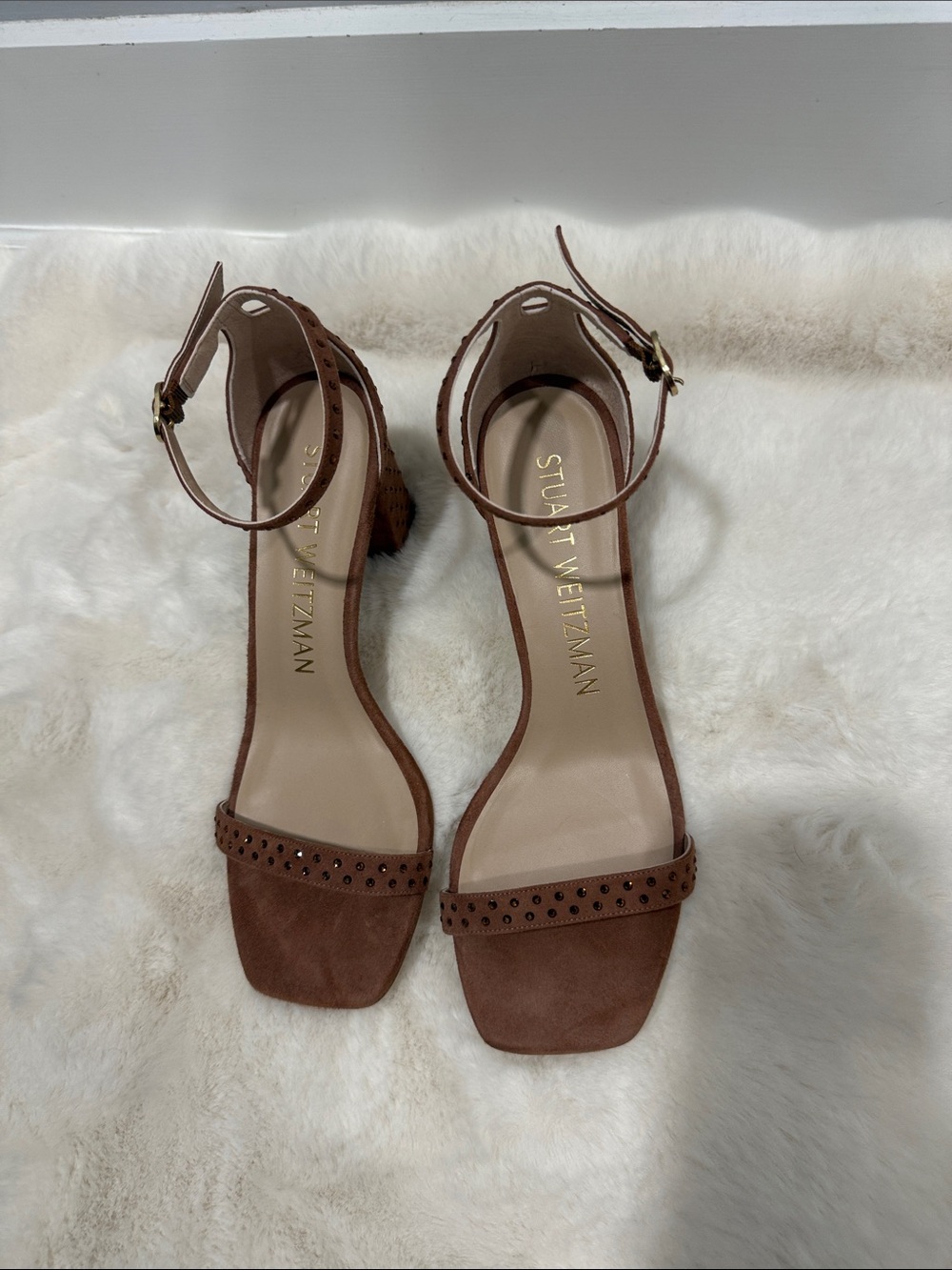 Stuart Weitzman Rose Suede Studded Block Heel Sandals